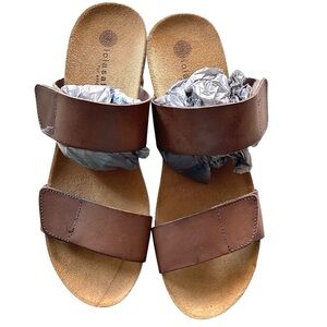 Eric Michael Brown Leather Dual Strap Wedge Cork Heel Sandals Platform Size 10